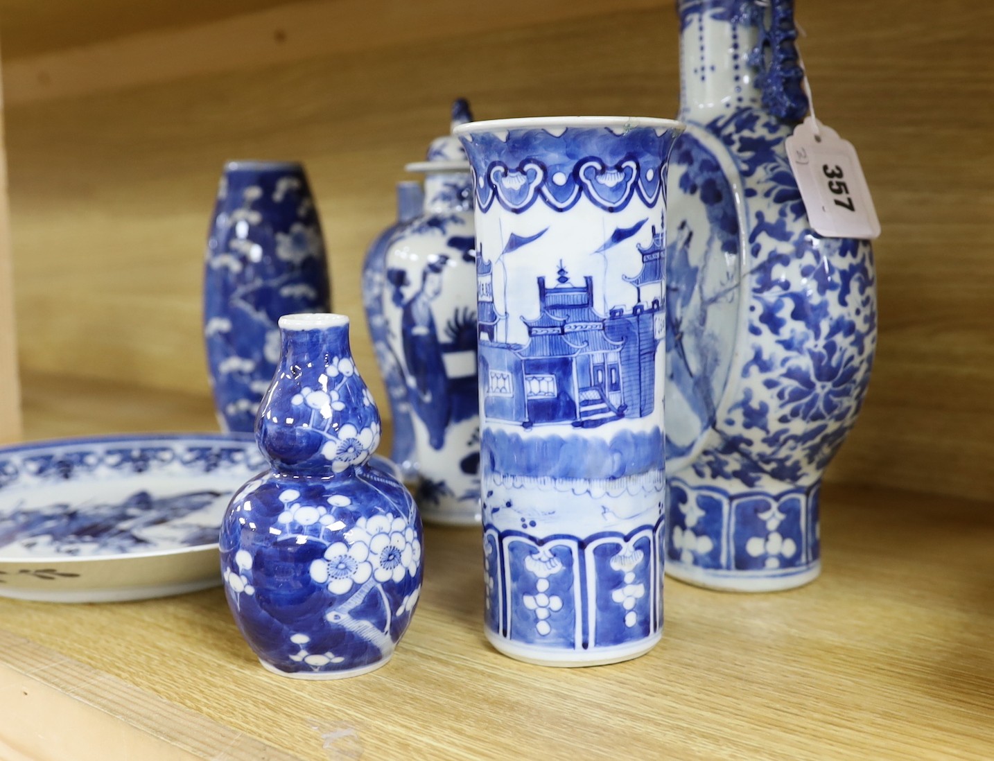 A collection of mixed 19th century Chinese blue and white porcelain to include a dish decorated with characters, other blue and white wares (some with damage). 29.5cm tall
